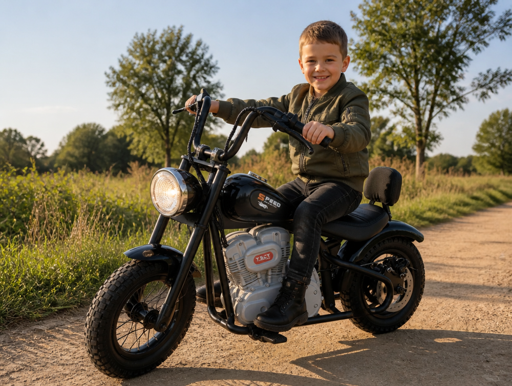 Moto chopper enfant — enfant au guidon sur allée bétonnée