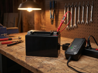 Batterie 12V plomb-acide d'une voiture électrique enfant, posée sur un établi