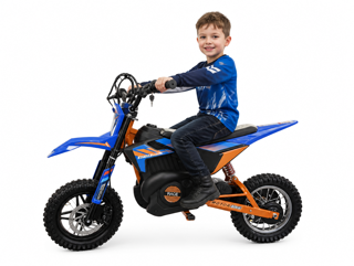 Moto cross électrique enfant X-Bike 24V, pit bike bleu et orange, pneus à crampons