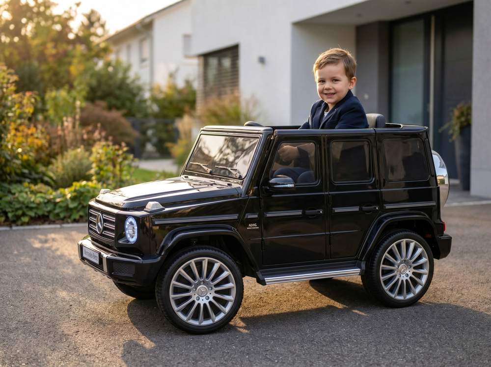 Mercedes G500 enfant 12V — vue 3/4 avant blanche