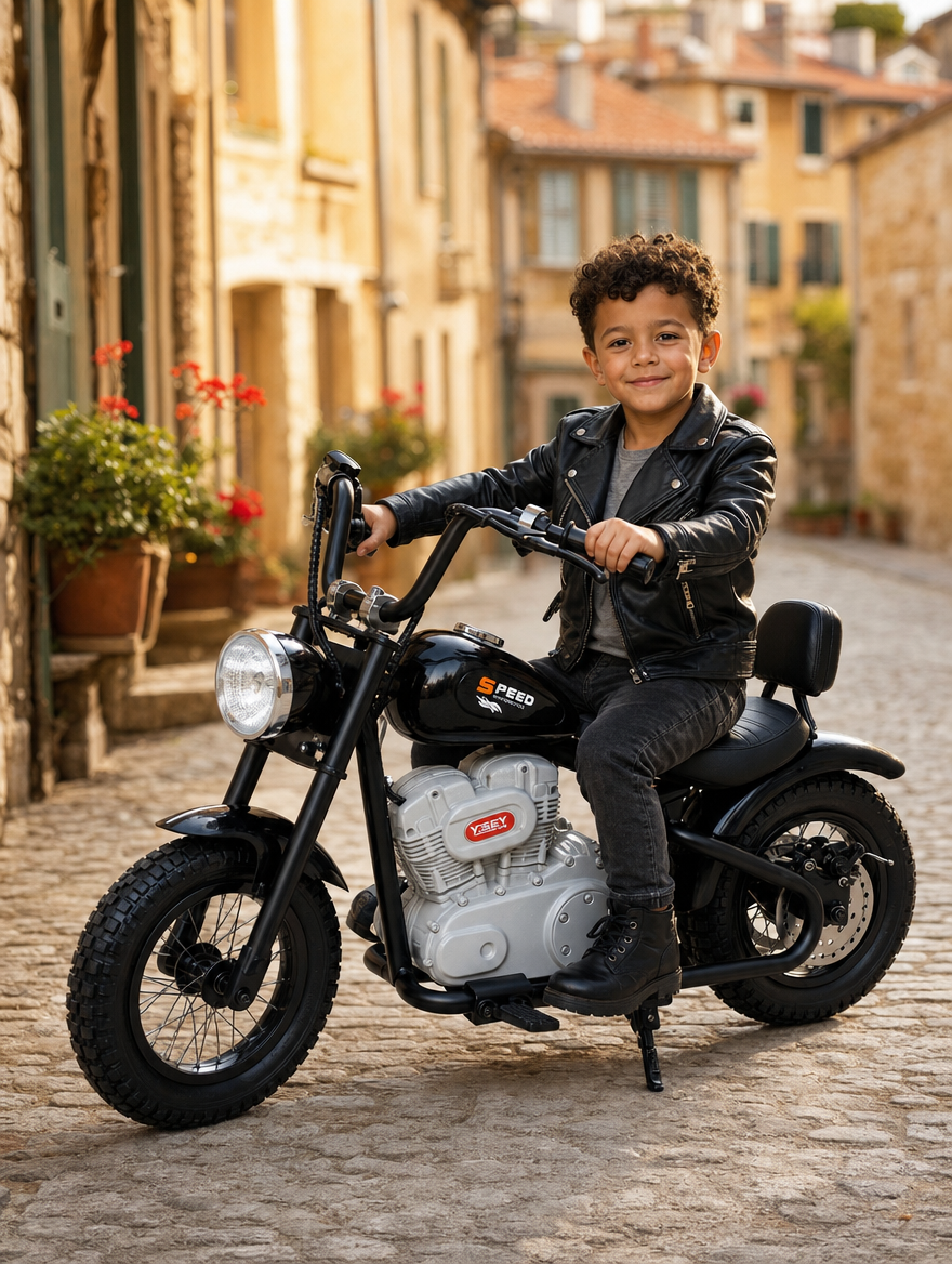 Garçon en blouson de cuir sur une moto électrique chopper noire, dans une ruelle pavée d'un village de pierre