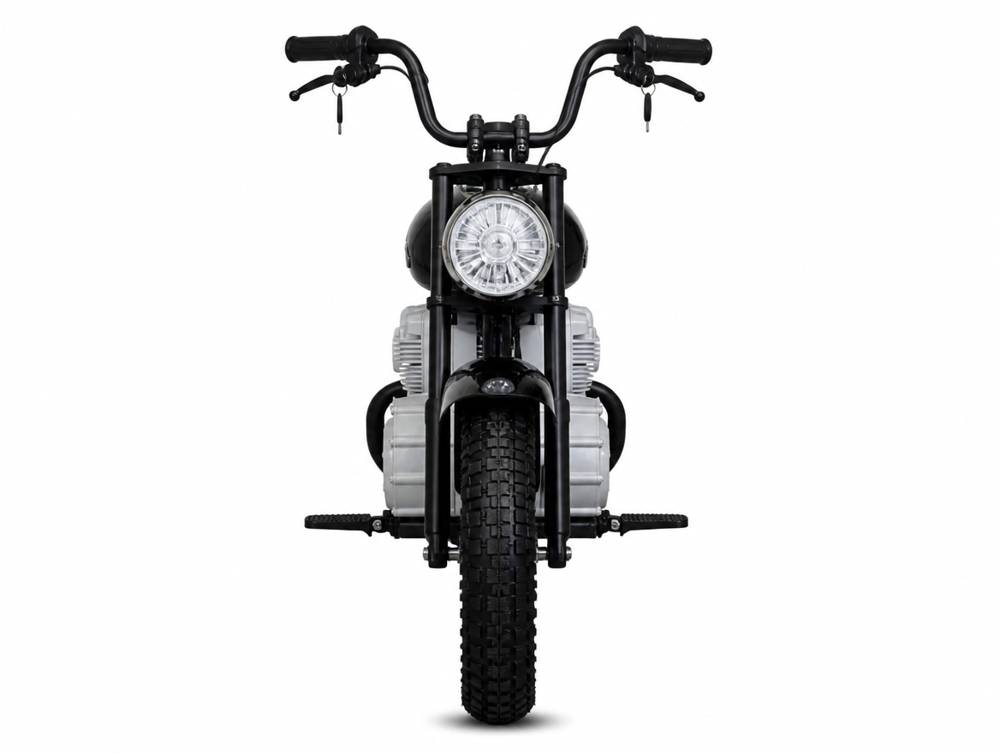 Moto chopper enfant — béquilles latérales et selle confort, vue détail