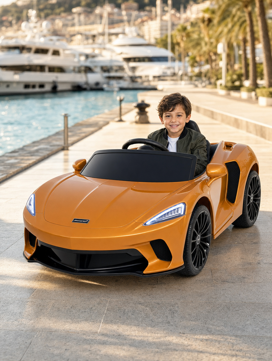 Garçon au volant d'une McLaren électrique orange, sur un quai de port bordé de yachts