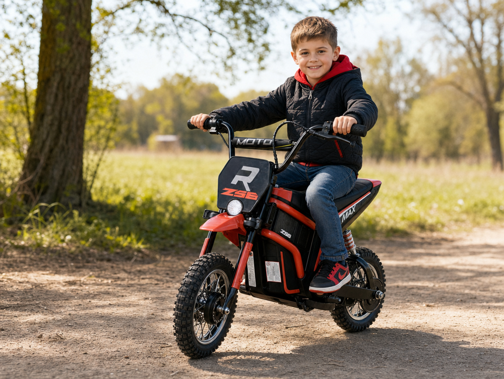 Moto Z56 enfant — enfant casqué roulant sur chemin de terre