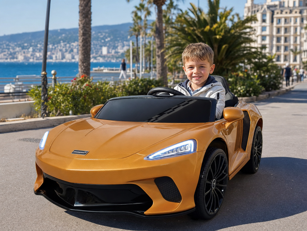 McLaren 620 GT bronze cuivré enfant scène extérieure