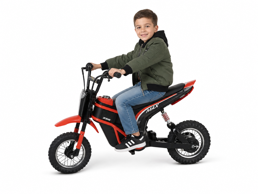 Moto Z56 tout-terrain enfant — trail enduro rouge et noir, vue trois-quarts