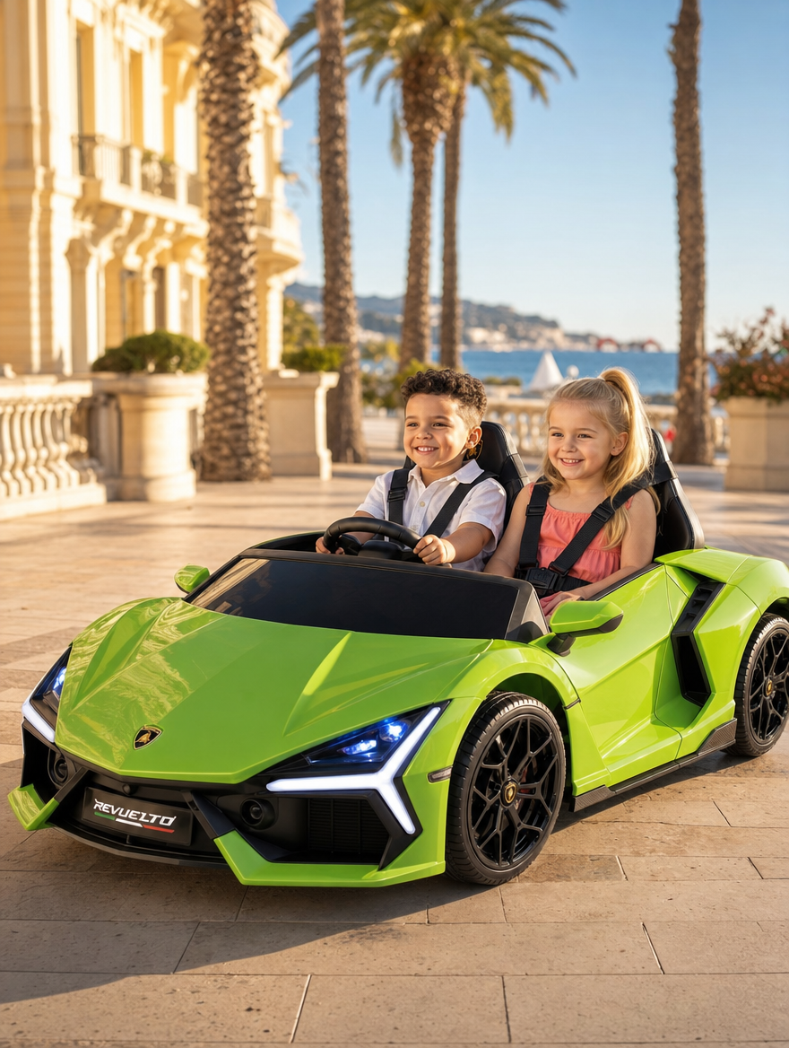 Deux enfants installés côte à côte dans une Lamborghini Revuelto électrique verte, sur une esplanade en bord de mer