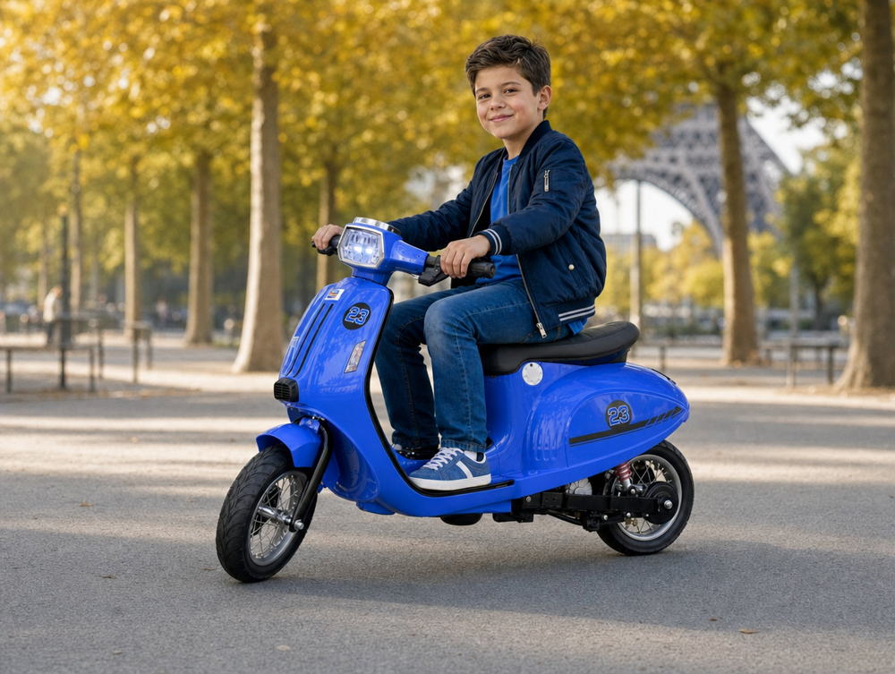 Vespa électrique enfant bleu — enfant en balade sur allée