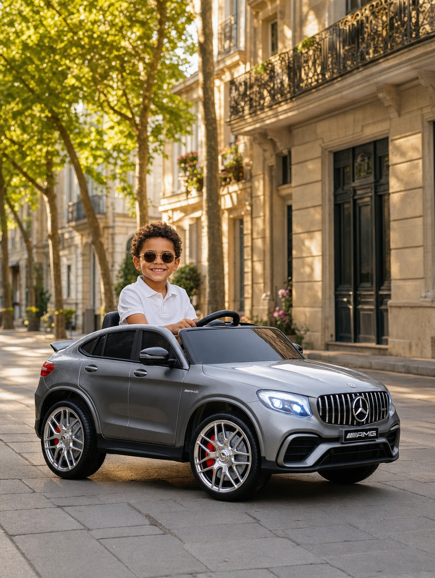 Garçon en lunettes de soleil au volant d'une Mercedes GLC AMG électrique grise, sur un trottoir ombragé de platanes