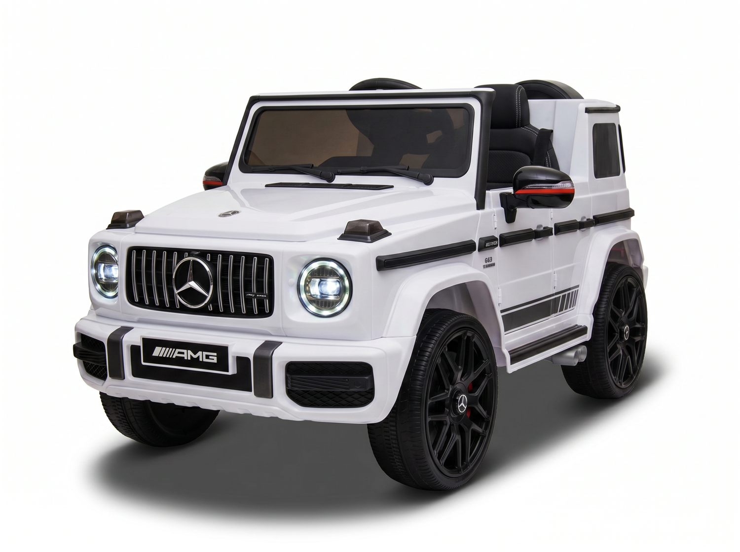 Mercedes G63 AMG enfant électrique 12V blanc, vue trois-quarts