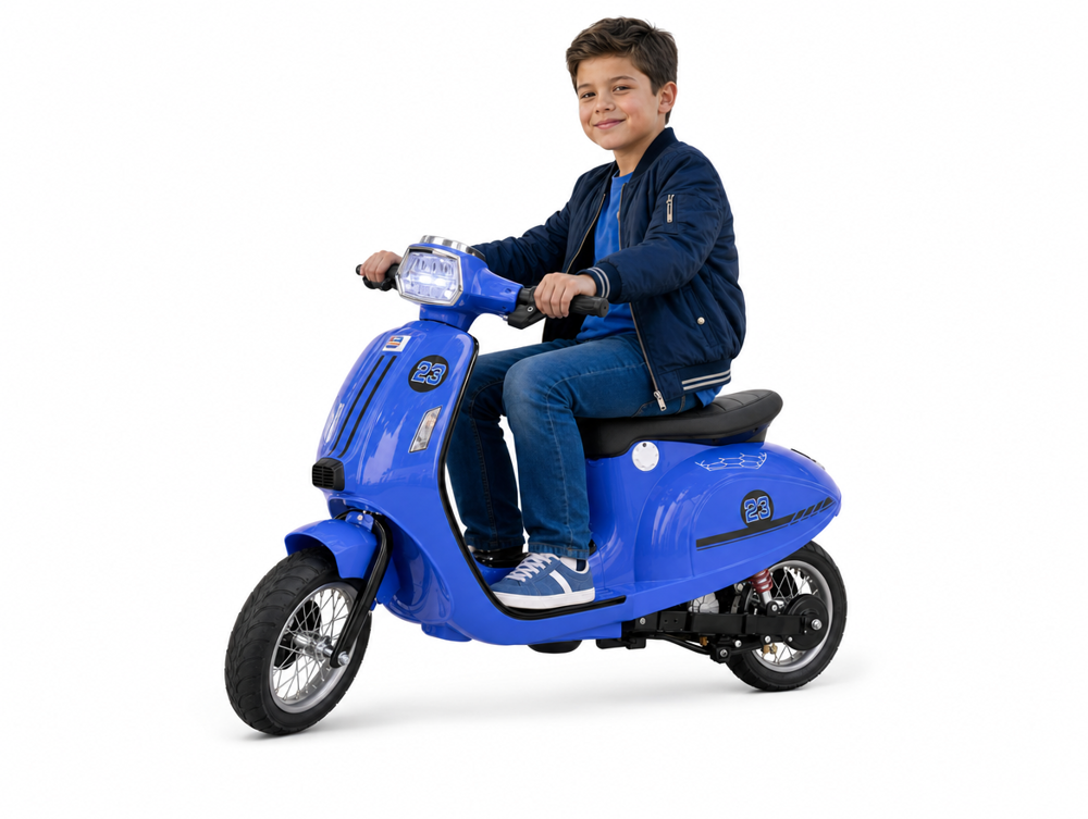 Vespa électrique enfant bleu — profil scooter italien vintage