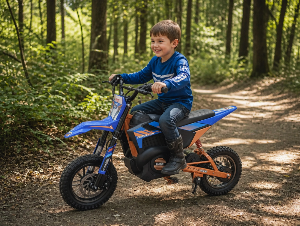 Moto cross X-Bike enfant — enfant casqué en action sur chemin