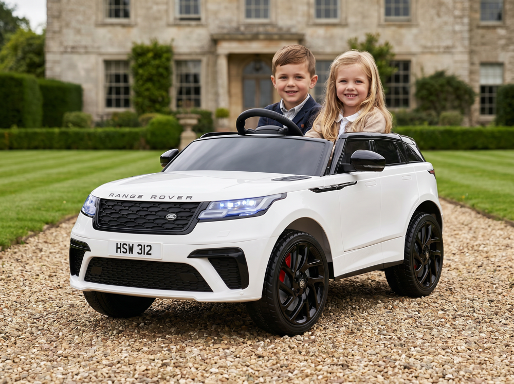 Range Rover Velar enfant 12V — vue 3/4 avant SUV épuré blanc